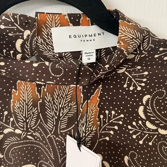 EQUIPMENT Brown Long Sleeve Tie Waist Silk Top Size 12 - Picture 11 of 13